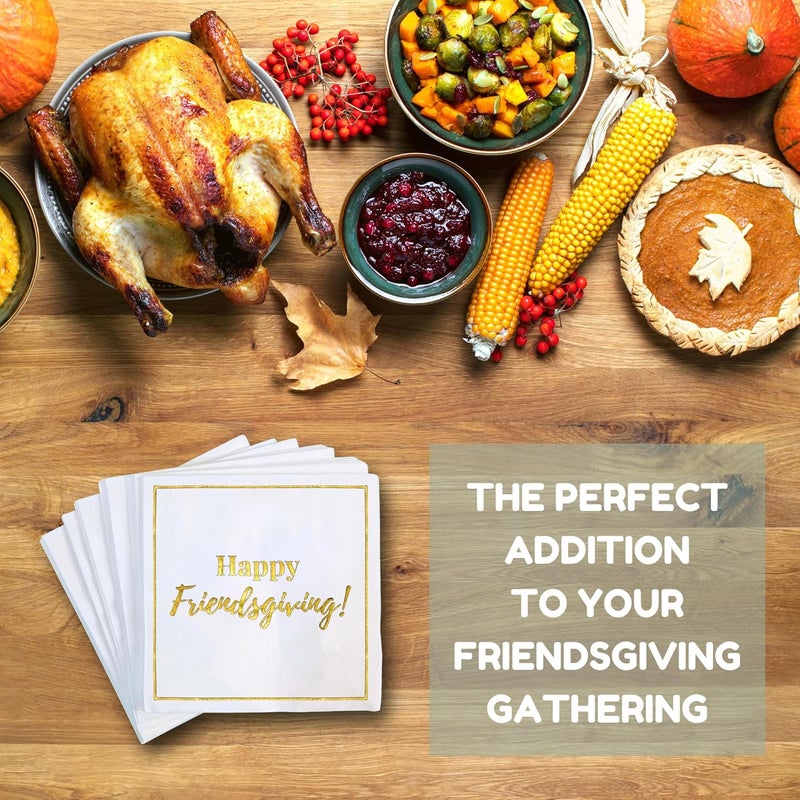 Cloverjoyed Happy Friendsgiving Cocktail Napkins, 50 Pack, White and Gold Thanksgiving Party Decorations, Great for Dinners, Beverages, Dessert, Appetizers - Image 4